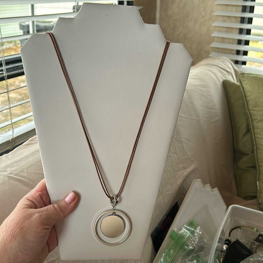 Silver and brown leather very long necklace